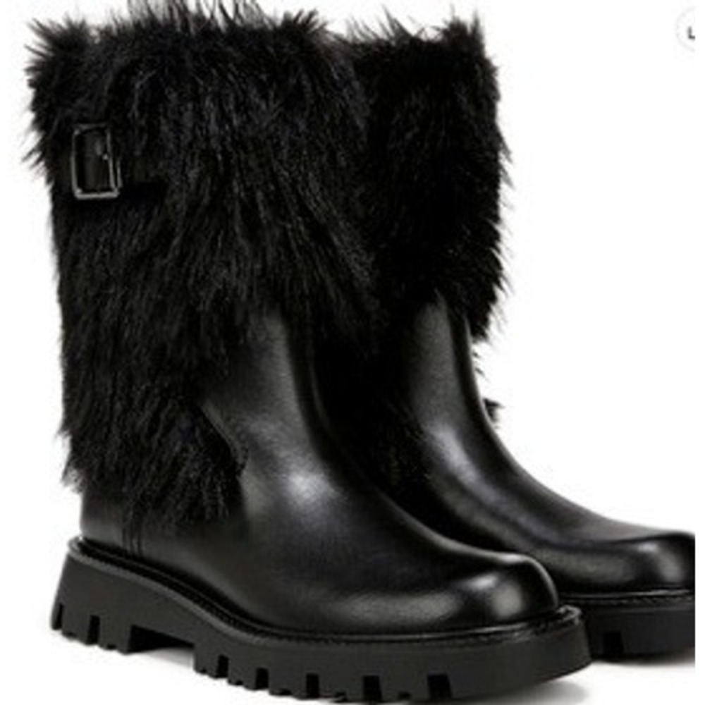 Franco Sarto‎ Brina Black Leather Faux Fur Lug Sole Boots Womens 8